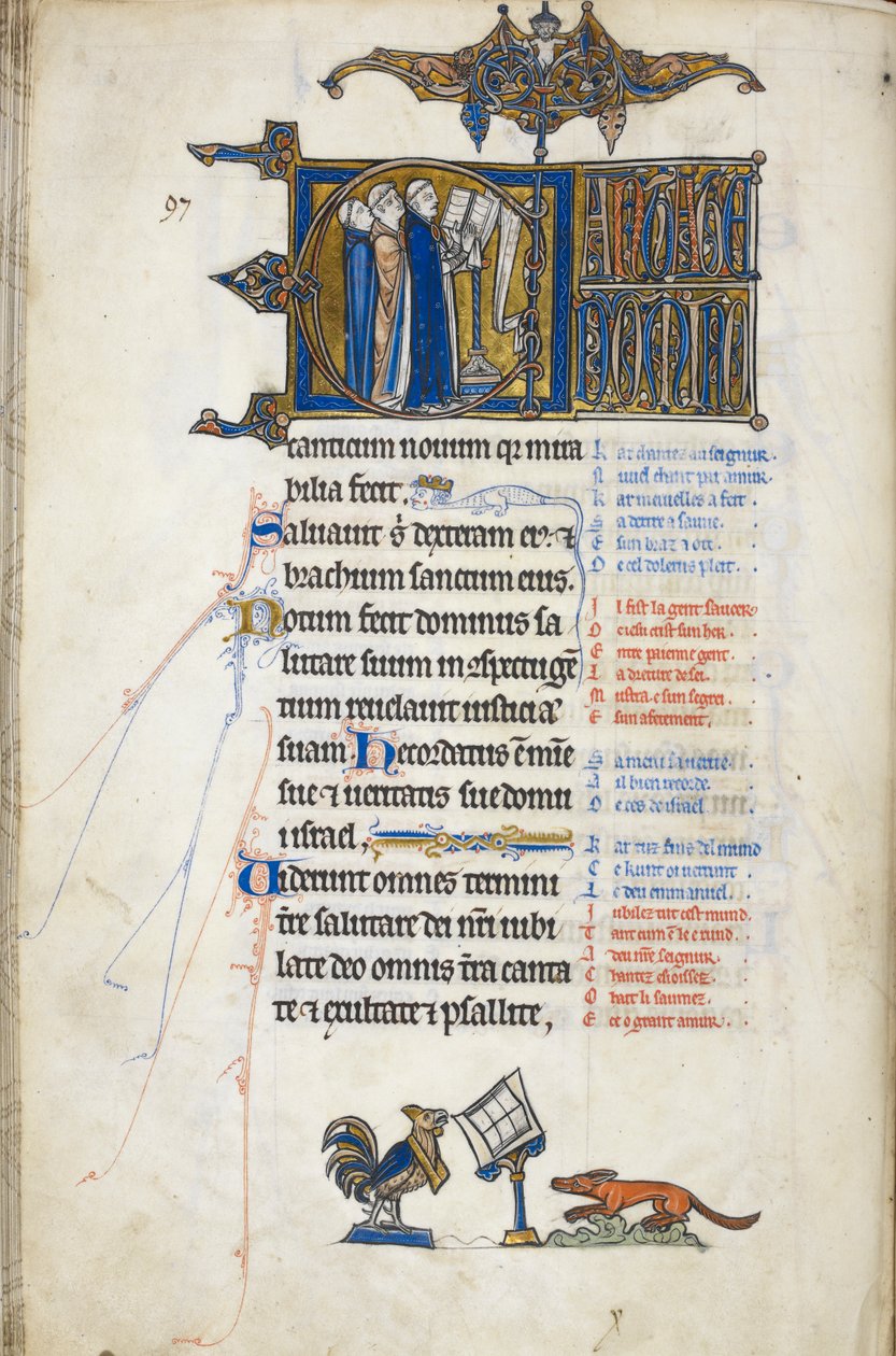 Dodać. 50000, f.146v Psalm 97; inicjał „C”, trzej urzędnicy przy mównicy, śpiewający. U stóp folio, kogucik przemawiający do lisa, z psałterza Oscott, ok. 1265-70 (welum) autorstwa English School