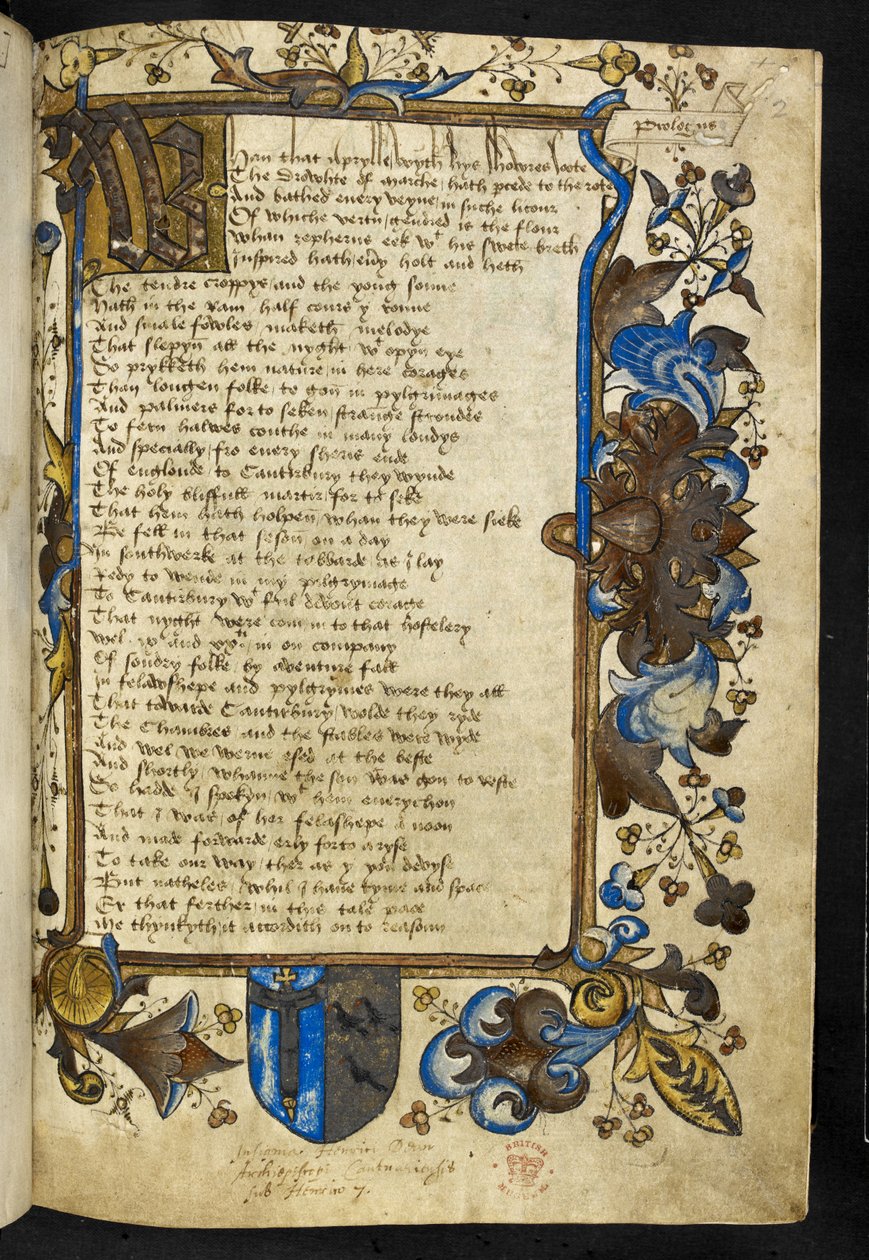 Dodać. 5140 f.2 Inicjał „W”, prolog do „Opowieści kanterberyjskich” Geoffreya Chaucera, ok. 1500 (tusz i kolor na welinie) autorstwa English School