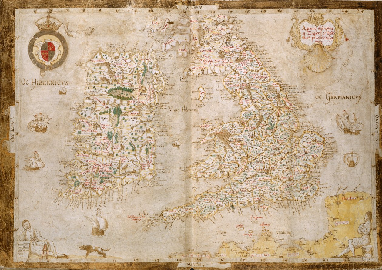 Dodać. 62540, ff.3v-4, Mapa Wielkiej Brytanii i Irlandii, z „Nowell-Burghley Atlas”, c.1564 (welum) autorstwa English School