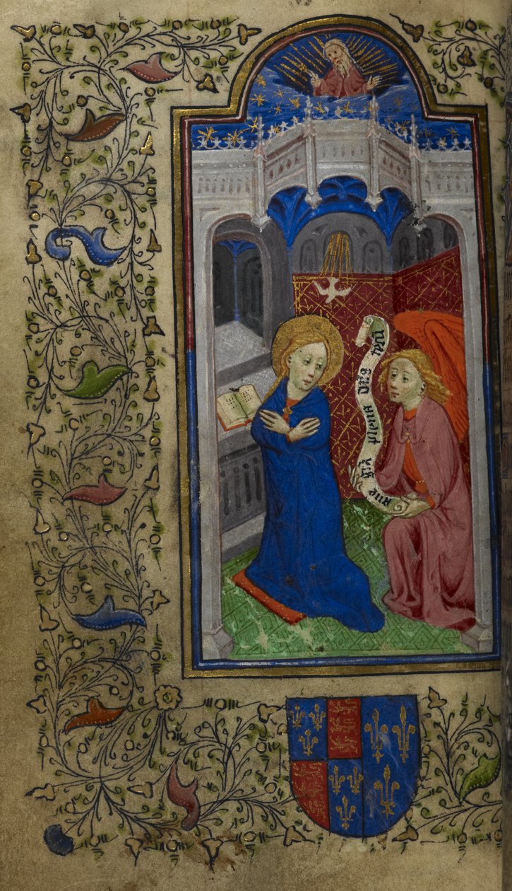 Dodać. 65100, f.27v Zwiastowanie, Godziny Katarzyny de Valois, ok. 1420-22 (welin) autorstwa English School
