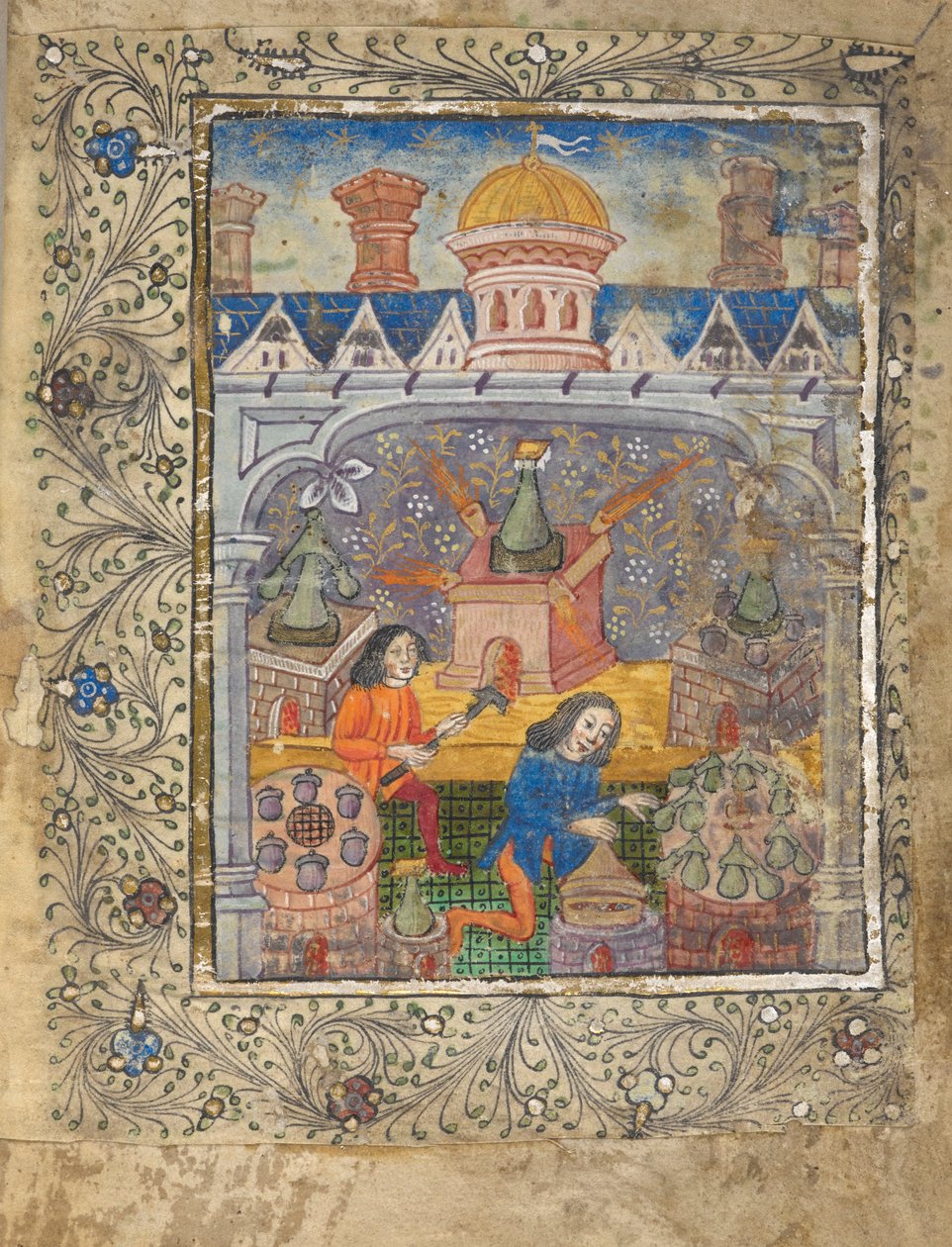 Dodaj MS 10302 f.37v f. 1r Siedem pieców z destylatorami, obsługiwanych przez dwóch mężczyzn, pod dachem z kopułą i kominami, ok.1477 (welum) autorstwa English School