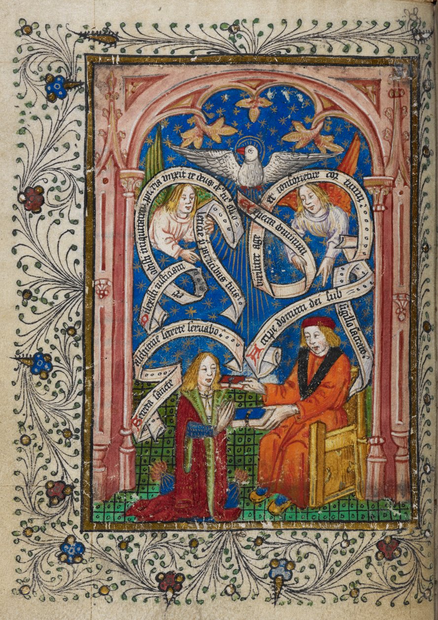 Dodaj MS 10302 f.6v Uczeń alchemika otrzymuje księgę od swojego mistrza z „The Ordinal of Alchemy” Thomasa Nortona, c.1477 (welum) autorstwa English School