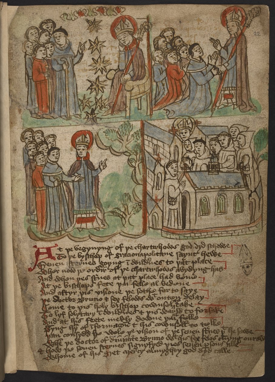 Dodaj MS 37049, f.22 The Cartusian Miscellany (Proza i werset religijny) w języku północnoangielskim, w tym uosobienie (podsumowanie) podróży Mandeville