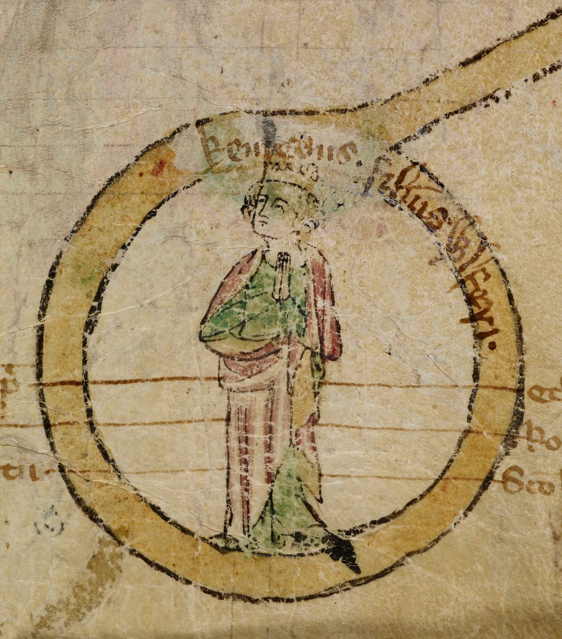 Dodaj papiery MS 47170 EGMONT. Tom. CCLI „[A] zwój napisany po łacinie i francusku z królami Anglii przedstawionymi po obu stronach przez brata Waltera de Witteliseye, mnicha z klasztoru Burgo San Pietro. Niech Bóg zmiłuje się nad jego duszą. Amen