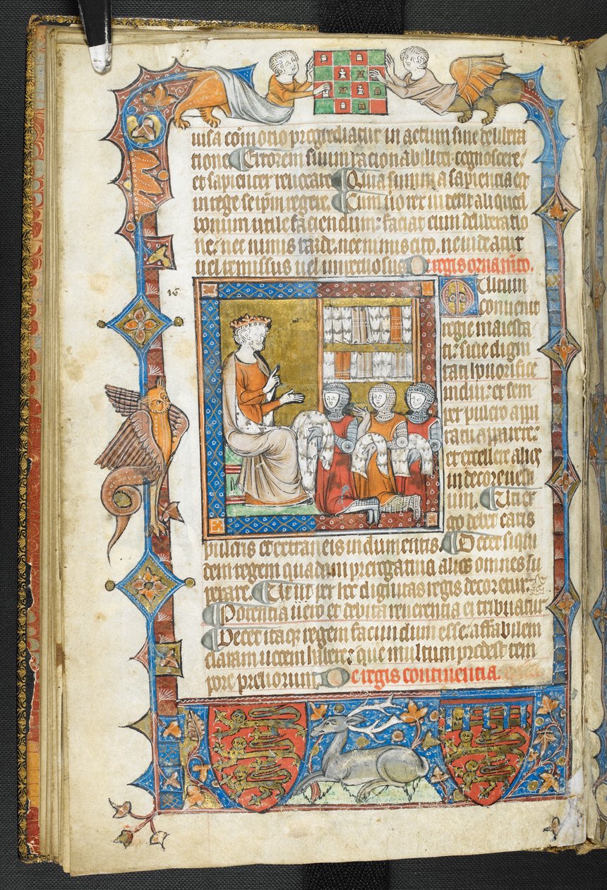 Dodaj MS 47680, f.17v, Król z rycerzami i futrami, z „Secretum Secretorum” autorstwa English School