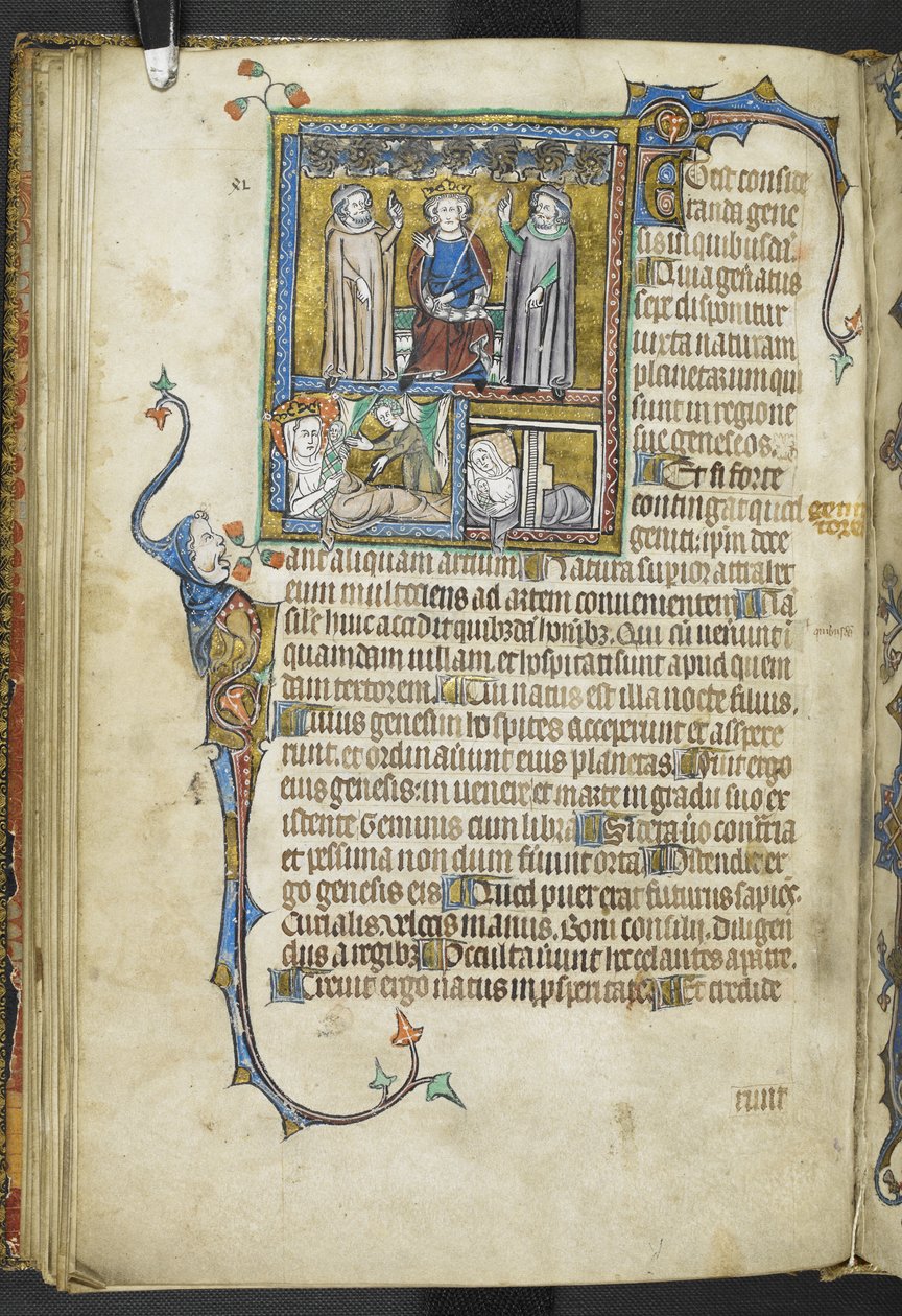 Dodaj MS 47680 f.31v Alexander z dwoma astrologami wskazującymi na gwiazdy z królową i kobietą z nowonarodzonymi dziećmi, z „Secreta Secretorum” autorstwa English School