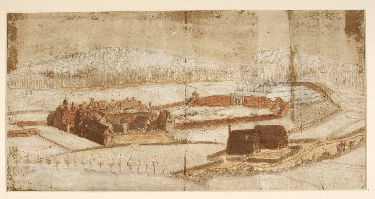 Dodaj MS 78610H Widok Wotton z ogrodem, grotą i otoczeniem, ok. 1650 (pióro i tusz z kredką i pranie na papierze) autorstwa English School