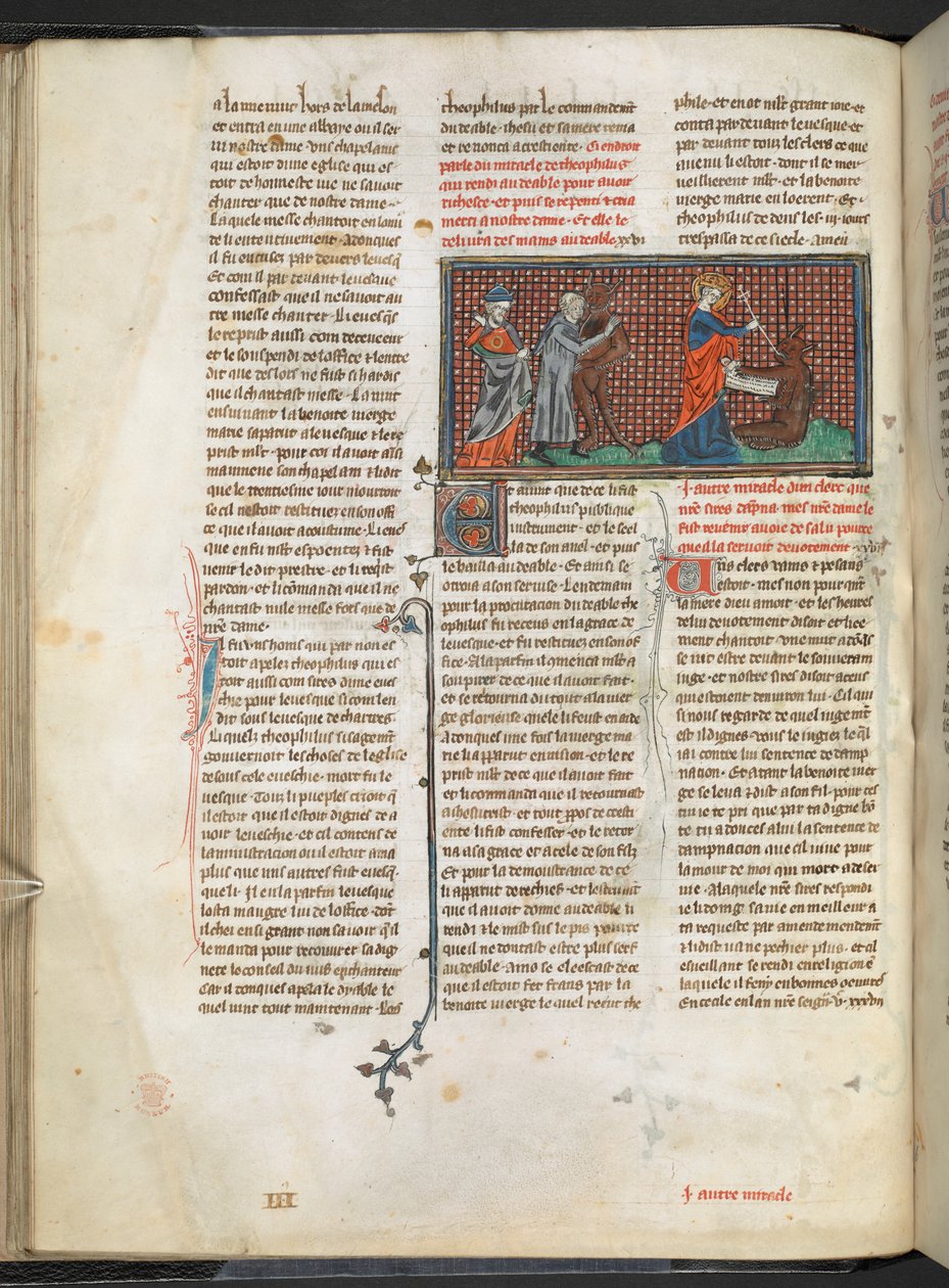 Dodać. Ms 17275 fol.29v Teofil, Diabeł i Dziewica Maryja (welum) autorstwa English School