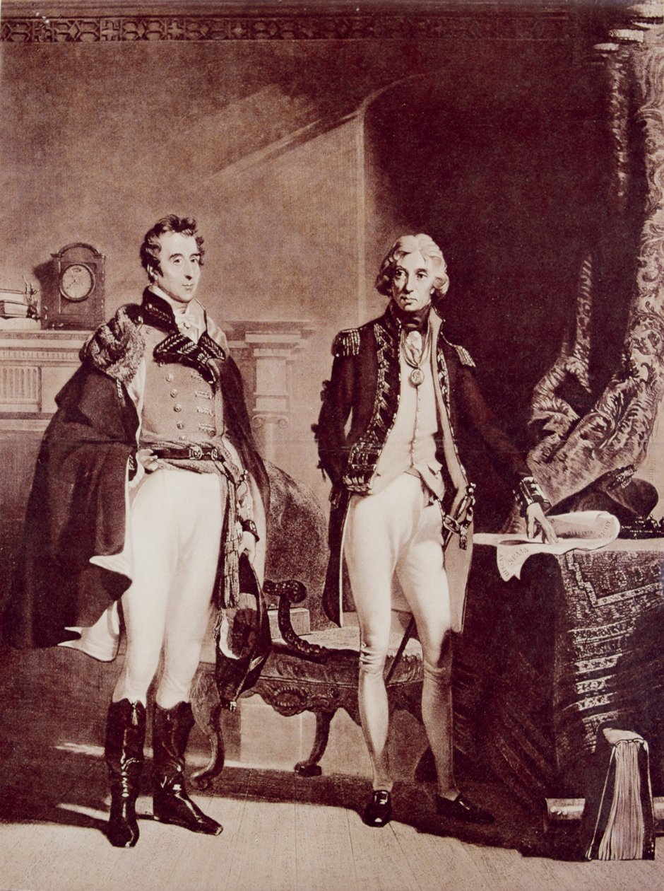 Admirał Nelson (1758-1805) z pułkownikiem Sir Arthurem Wellesleyem (1769-1852) księciem Wellington autorstwa English School
