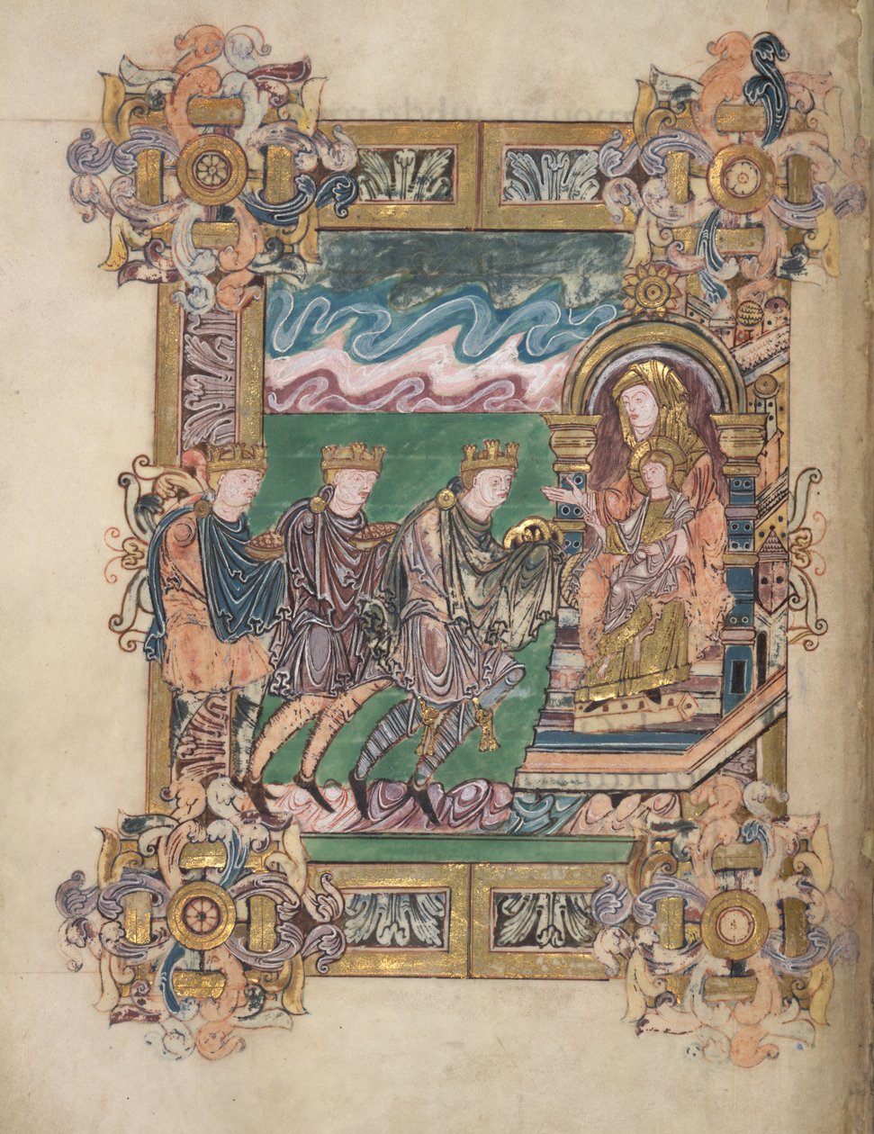Adoracja Trzech Króli, Add. 49598, f.24v, z Błogosławieństwa św. Aethelwolda, 971-984 (welum) autorstwa English School