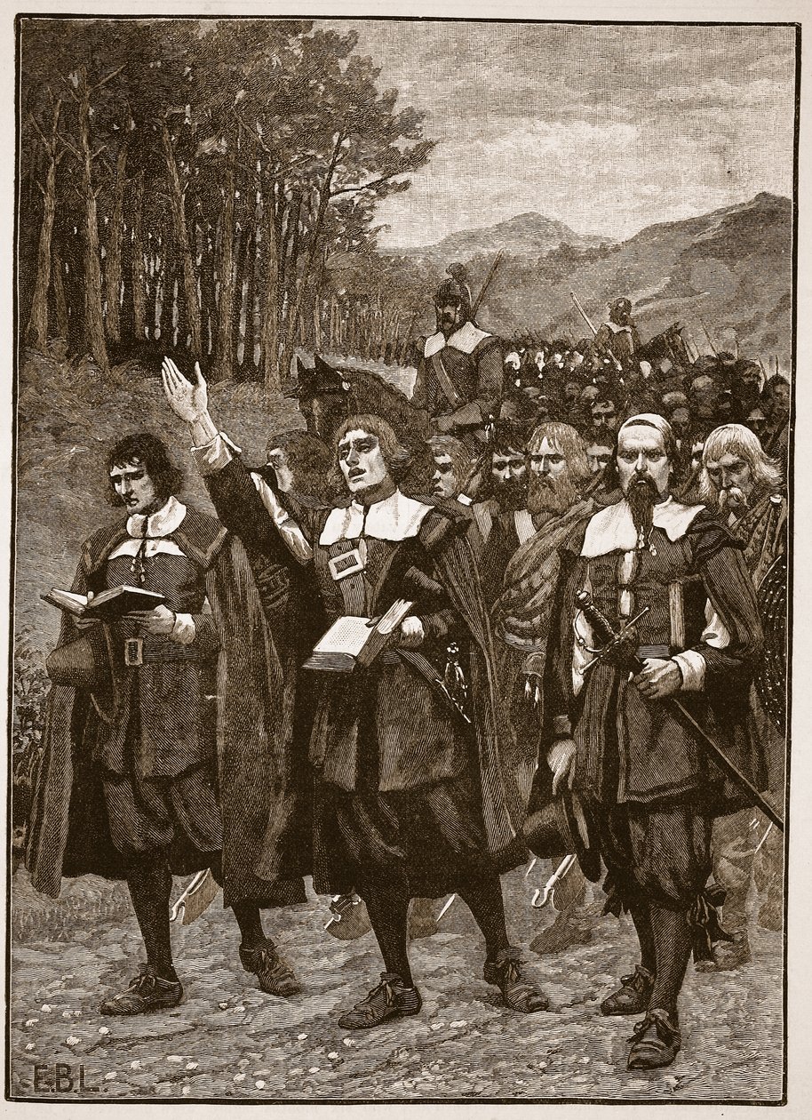 Przejście Przymierza przez granicę do Anglii, ilustracja z Cassells Illustrated History of England (zdjęcie w sepii) autorstwa English School