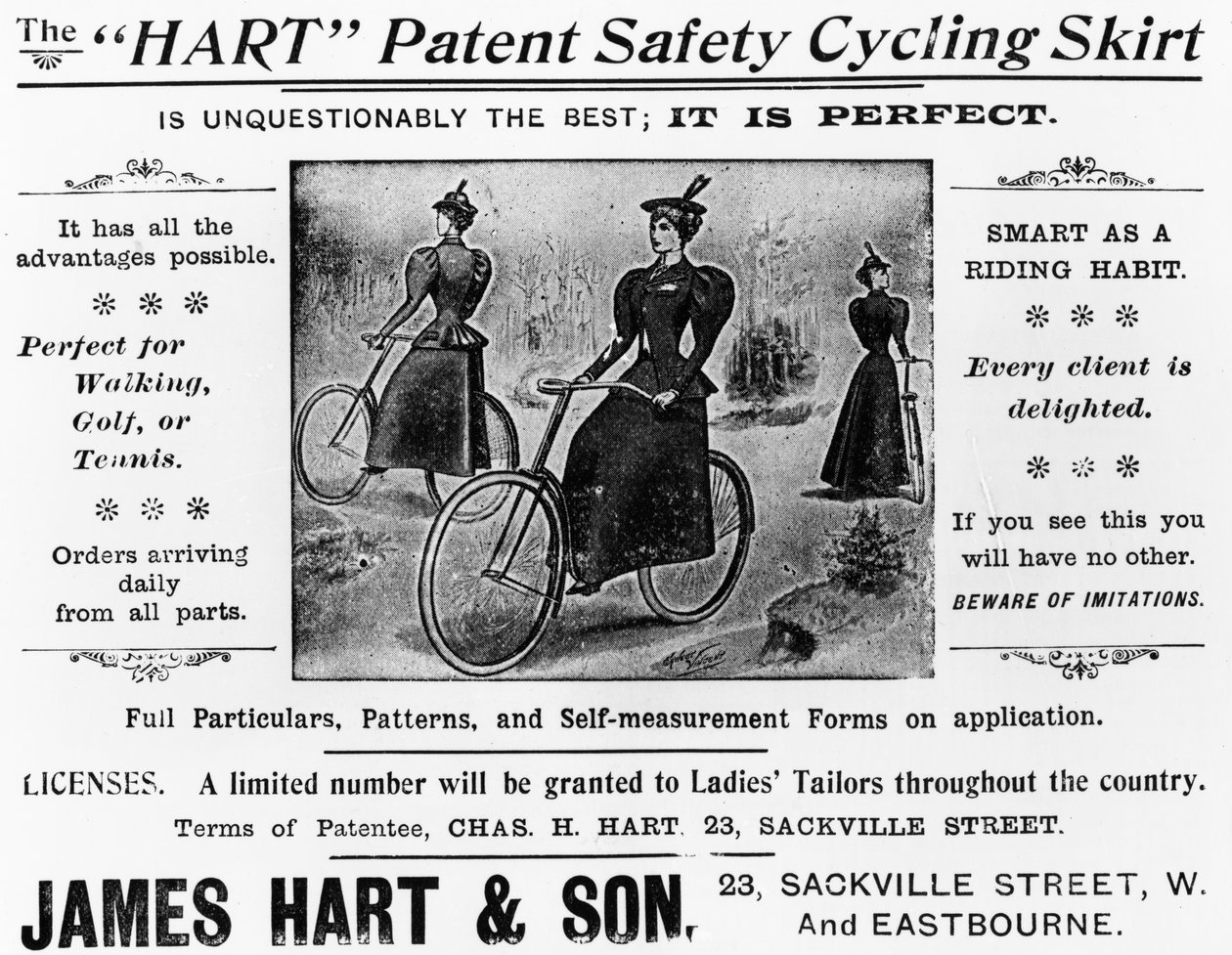 Reklama Spódnica rowerowa The Hart Patent Safety, c.1897 (papier drukowany) autorstwa English School