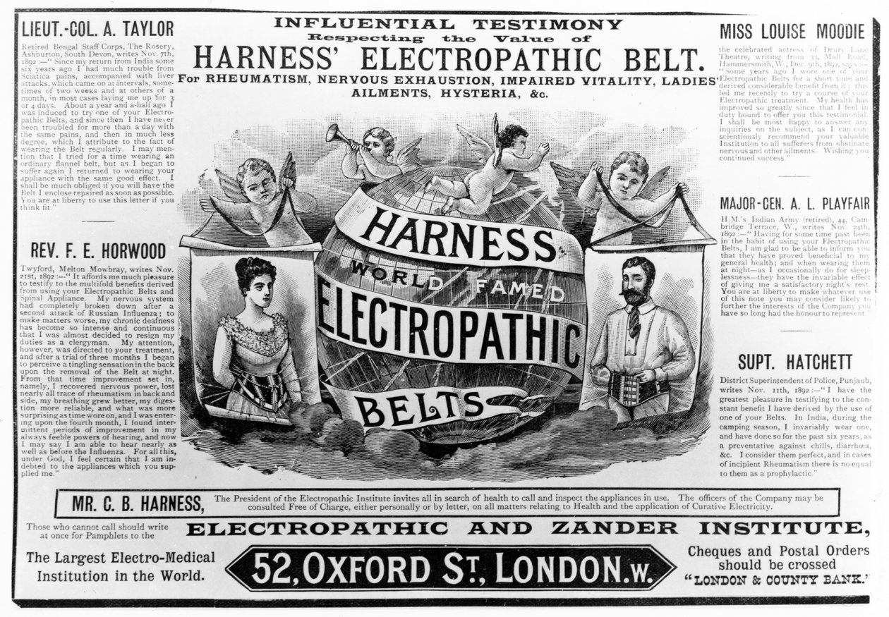 Reklama dla "Harness world famed Electropathic Belts", ok. 1890 r. autorstwa English School