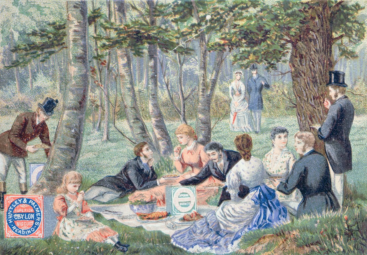 Reklama Imperial Cejlon Biscuits firmy Huntley & Palmer przedstawiająca piknik w Epping Forest autorstwa English School