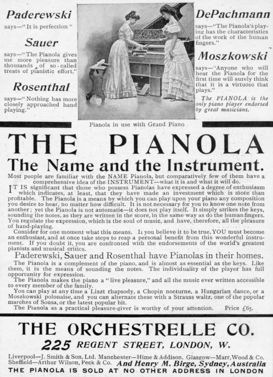 Reklama Pianola, z filmu Król, 1 czerwca 1901 (papier drukowany) autorstwa English School