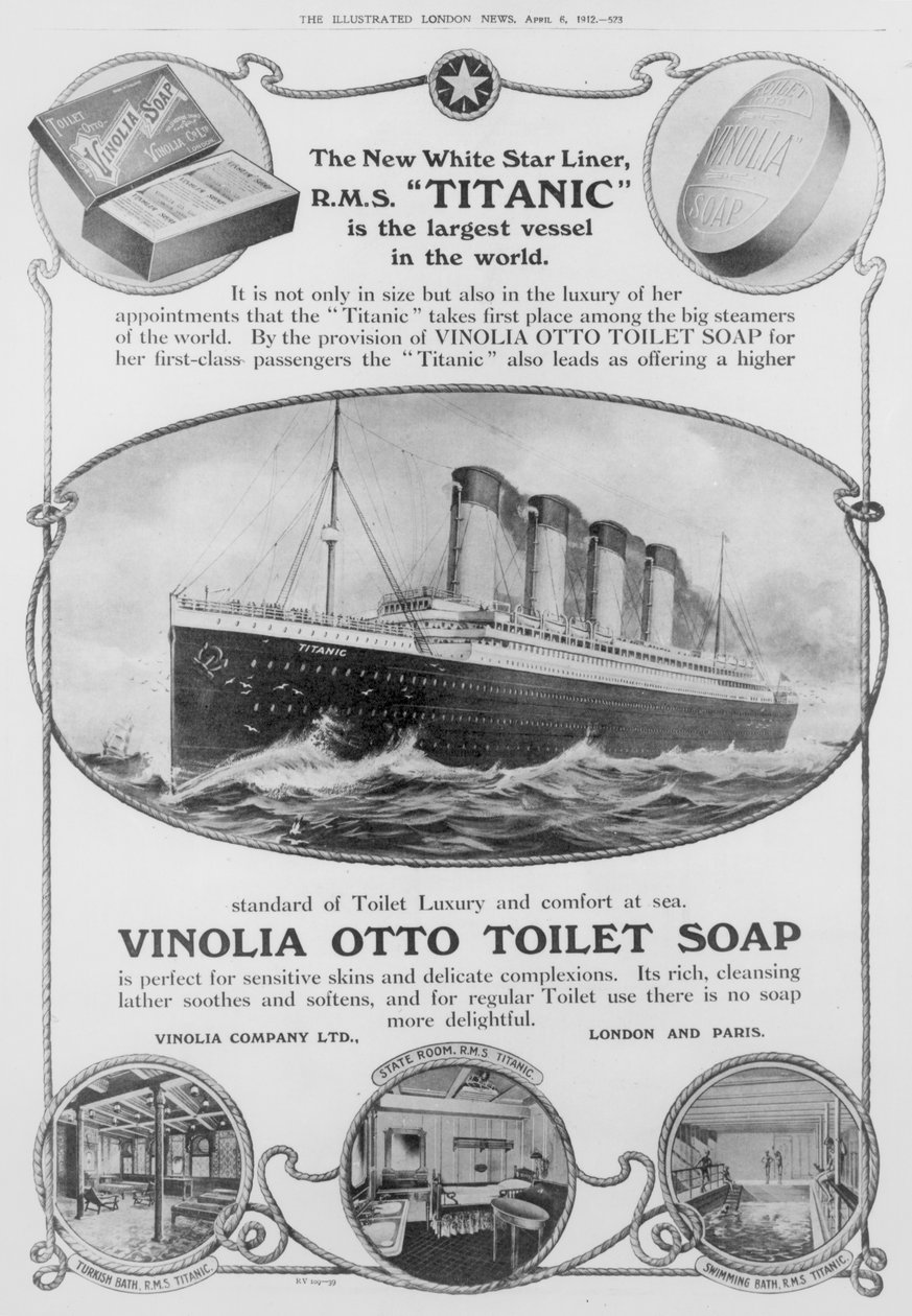 Reklama mydła toaletowego Vinolia Otto, używanego na "Titanicu", z "The Illustrated London News", 6 kwietnia 1912 r. (rycina) (zdjęcie czarno-białe) autorstwa English School