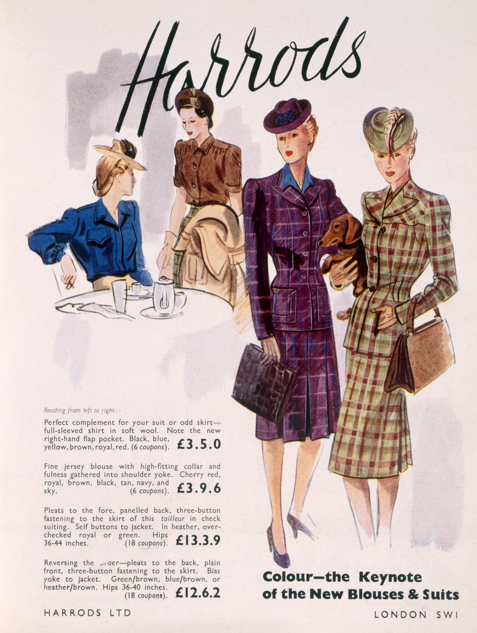 Reklama bluzek i garniturów damskich w domu towarowym Harrods, 1945 r. autorstwa English School