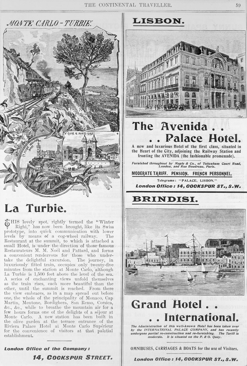 Reklamy restauracji La Turbie, Avenida Palace Hotel i Grand Hotel International, ze strony 59 „The Continental Traveller” (newsprint) autorstwa English School