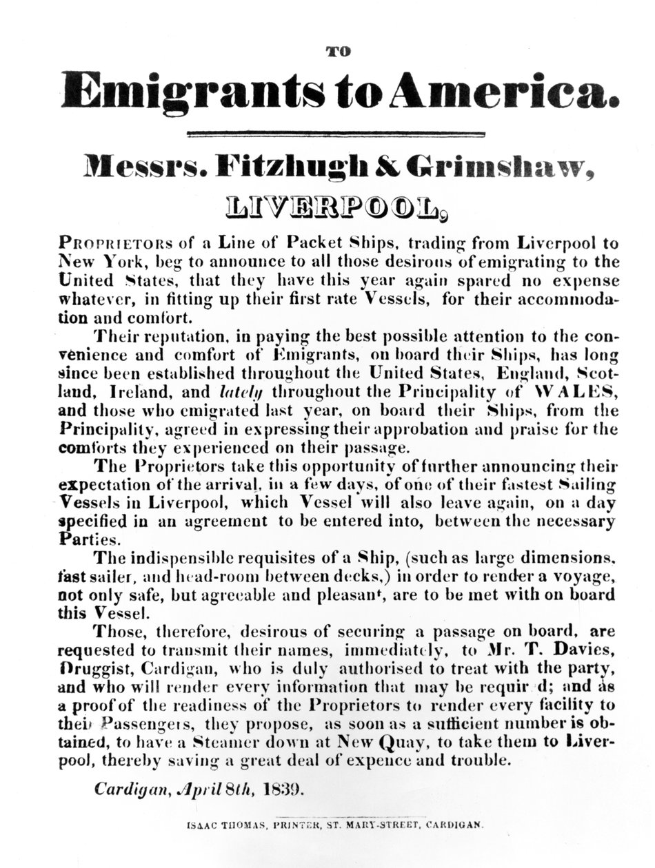 Reklama statków pakietowych do Ameryki, 1839 (papier drukowany) autorstwa English School