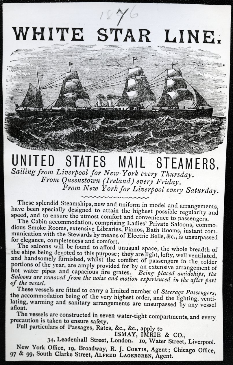 Reklama White Star Line, 1876 (papier drukowany) autorstwa English School