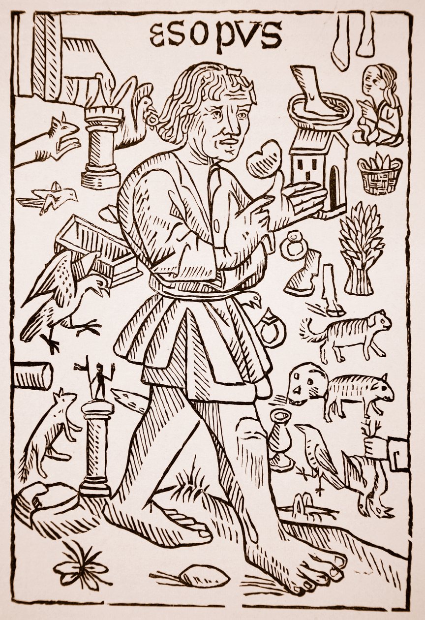 Ezop, frontyspis do Bajek Ezopa autorstwa Williama Caxtona (ok. 1422-91), 1434 (zdjęcie w sepii) autorstwa English School