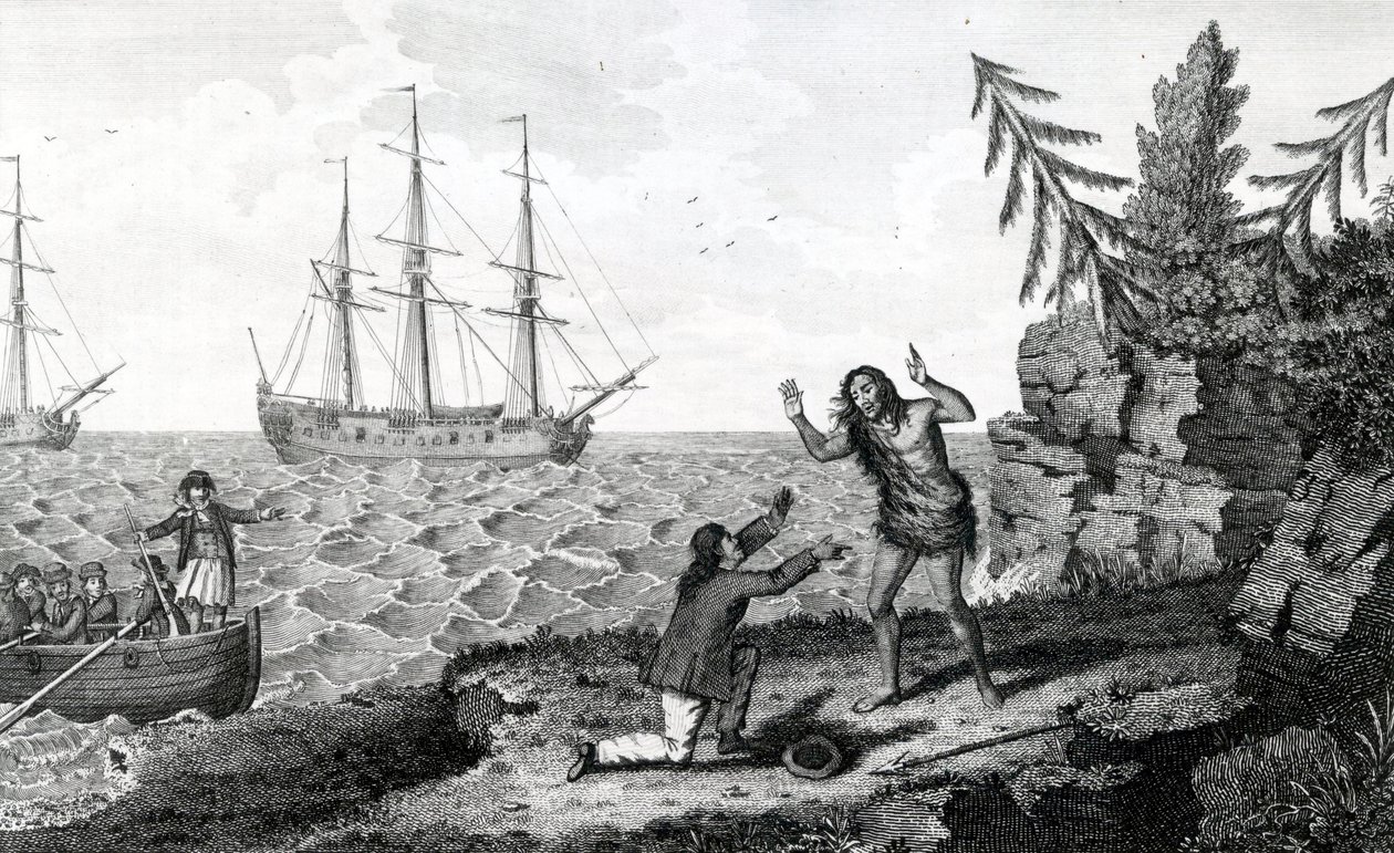 Atakujący wywiad dwóch Mokito Men, ilustracja zaczerpnięta z Moores Voyages and Travels, 1778 autorstwa English School