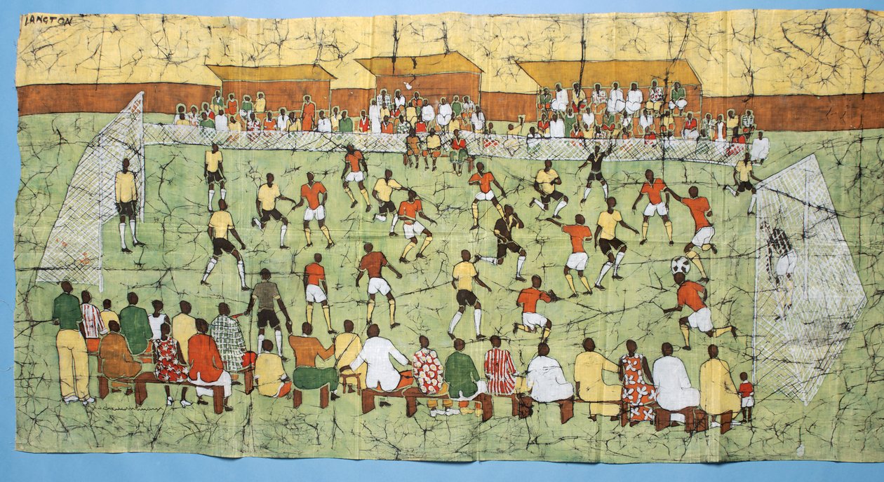 Afrykański batik ilustrujący mecz piłki nożnej z tłumami obserwującymi na trybunach (tekstylny) autorstwa English School