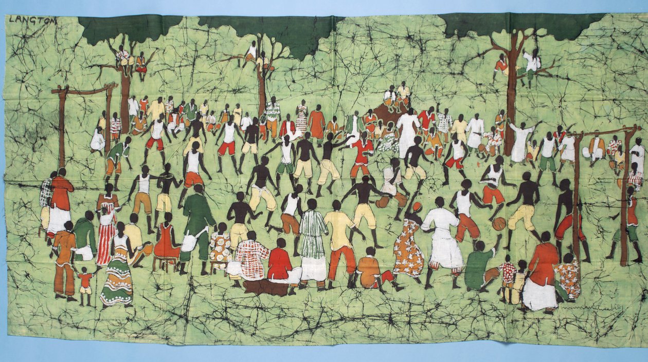 Afrykański batik, ilustrowanie i mecz piłki nożnej z widzami (materiał tekstylny) autorstwa English School