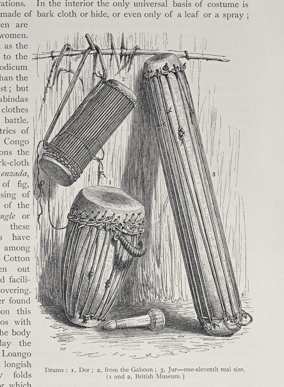 Bębny afrykańskie, z „Historii ludzkości”, t. III, autorstwa prof. Friedricha Ratzela, 1898 autorstwa English School