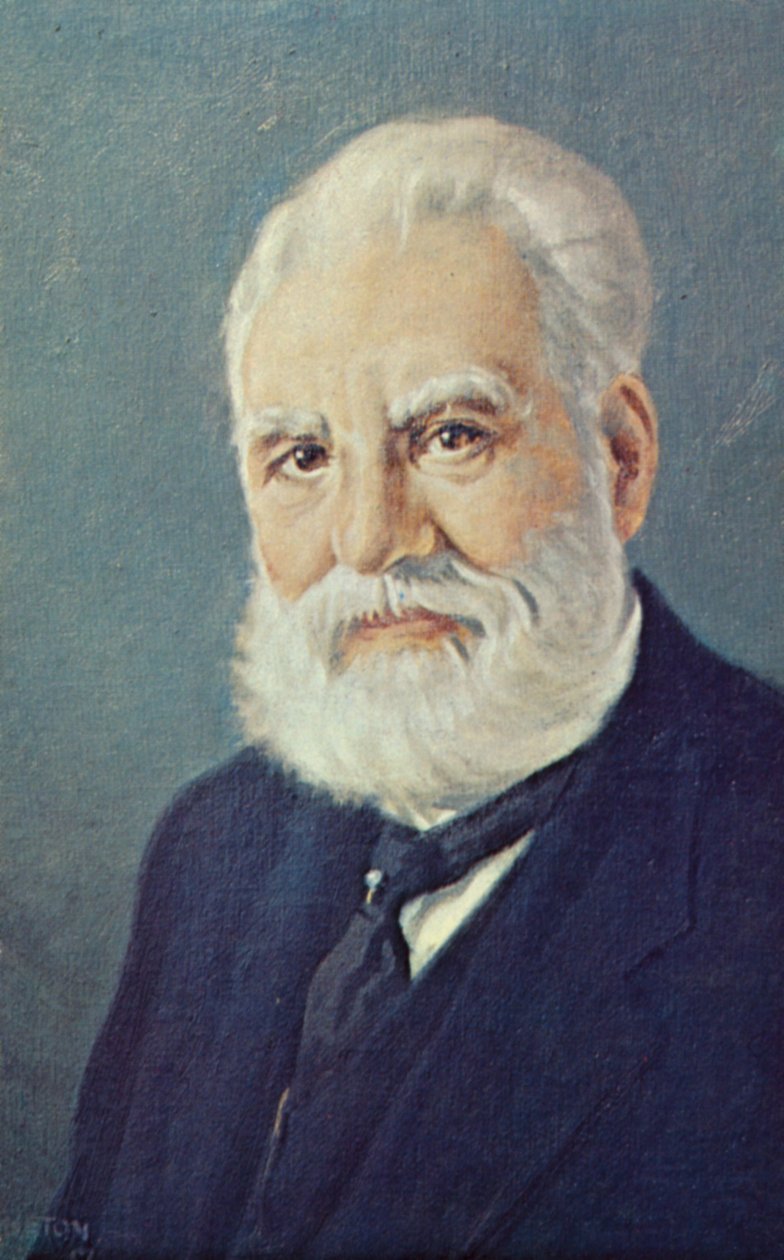 Alexander Graham Bell (1847-1922), szkocki naukowiec i wynalazca (kolorowa litografia) autorstwa English School
