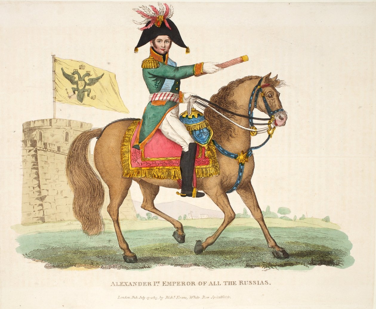 Aleksander I, Cesarz Wszystkich Rusi, wyd. autorstwa Richarda Evansa, sztychowane przez Romneya, ilustracja z Historycznego sprawozdania z bitwy pod Waterloo autorstwa Williama Mudforda, 1816 autorstwa English School