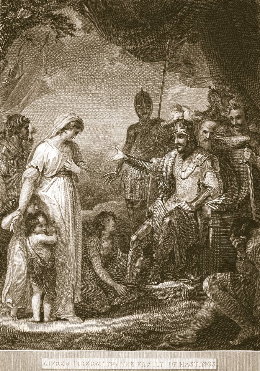 Alfred wyzwalający rodzinę Hastingsów, ilustracja z Davida Humesa The History of England, wyd. R. Bowyer, Londyn, 1812 r. autorstwa English School