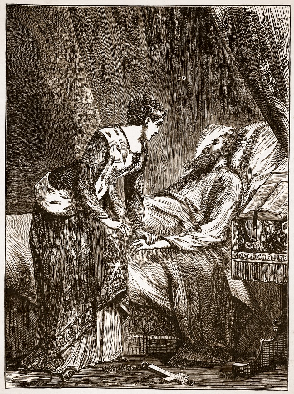 Alice Perrers przy łożu śmierci Edwarda III, ilustracja z Cassells Illustrated History of England (zdjęcie w sepii) autorstwa English School
