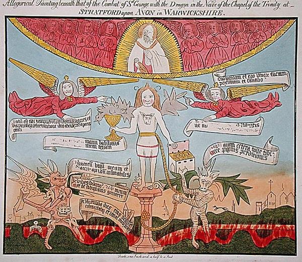 Obraz alegoryczny pod obrazem św. Jerzego ze smokiem w nawie kaplicy Trójcy, z „Starożytne obrazy alegoryczne, historyczne i legendarne we Fresco, odkryte w 1804 r. Kaplica Trójcy, Stratford-upon-Avon” , przez Johna G. autorstwa English School
