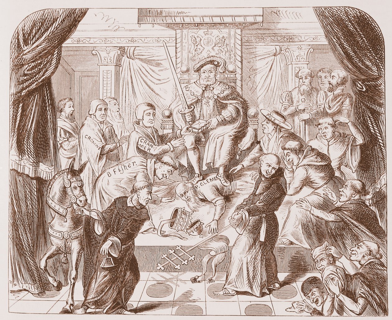Alegoryczny obraz Henryka VIII depczącego papieża Klemensa, ze starodruku w British Museum autorstwa English School