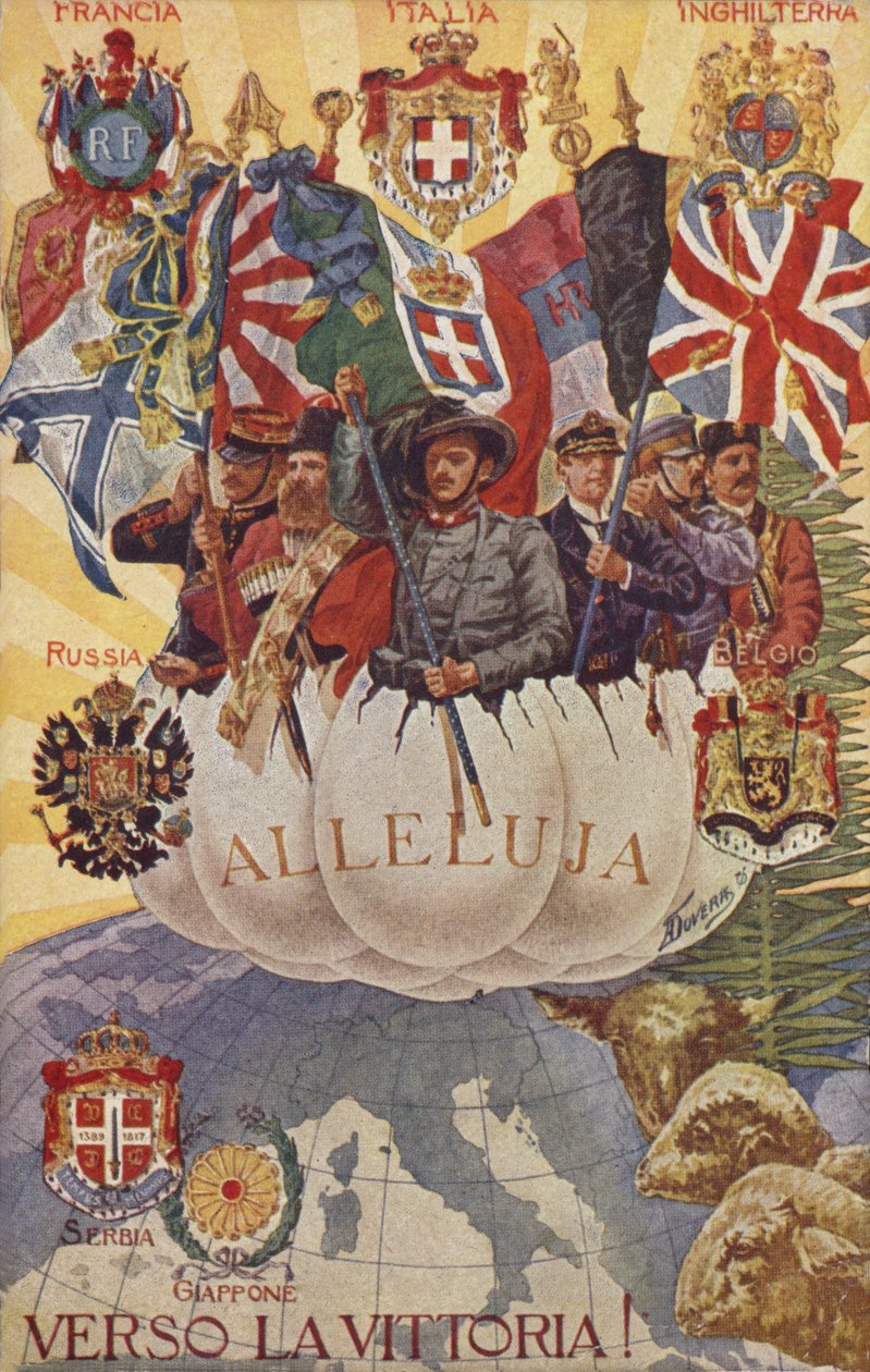 Żołnierze alianccy podnoszący flagi (kolorowa litografia) autorstwa English School