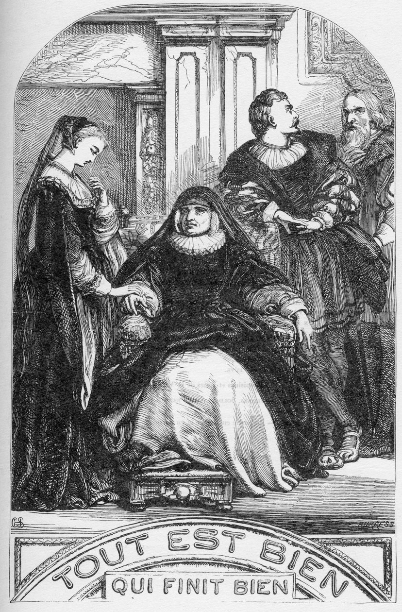 Wszystko dobre, co się dobrze kończy – ilustracja w „” Works complete by William Shakespeare”” 1866 – Ilustracje i ogólna forma tego wydania zapożyczono z ilustrowanego Szekspira Cassella, opublikowanego w Londynie autorstwa English School