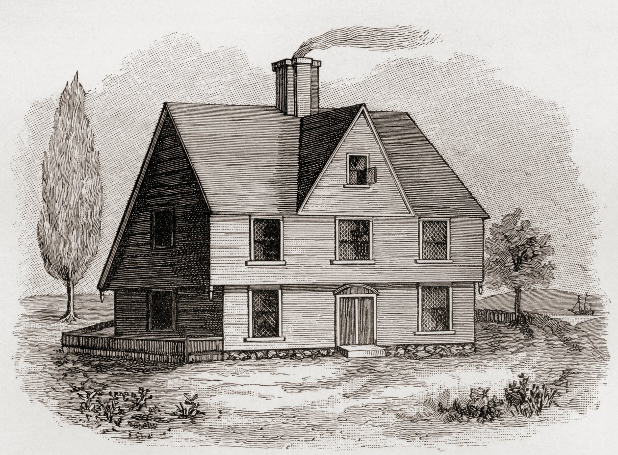 Allyn House, New Plymouth, Ameryka Północna, z „Krótkiej historii Anglików” J.R. Greena, opublikowanej w 1893 r. autorstwa English School