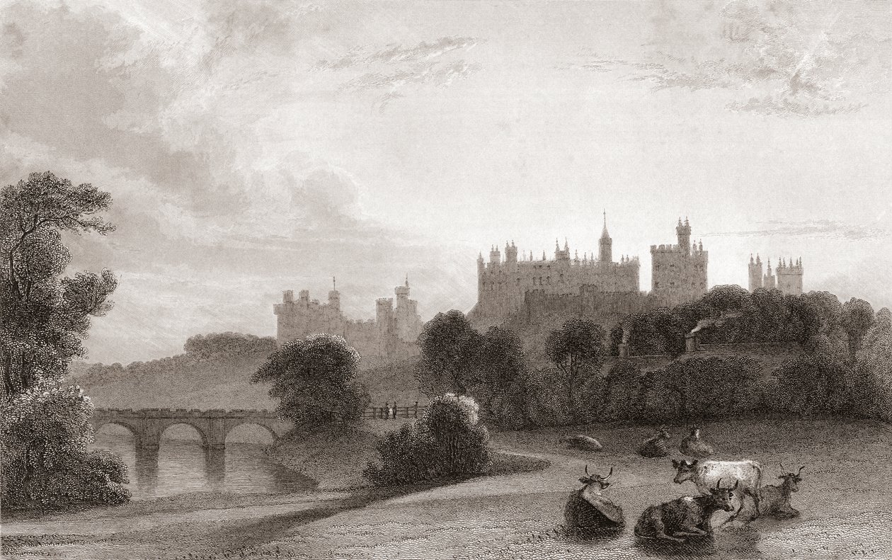 Zamek Alnwick, Alnwick, Northumberland, Anglia, na początku XIX wieku. Używany jako lokacja w filmach o Harrym Potterze. Z galerii portretów i pejzaży Churtona, opublikowanej w 1836 r. autorstwa English School