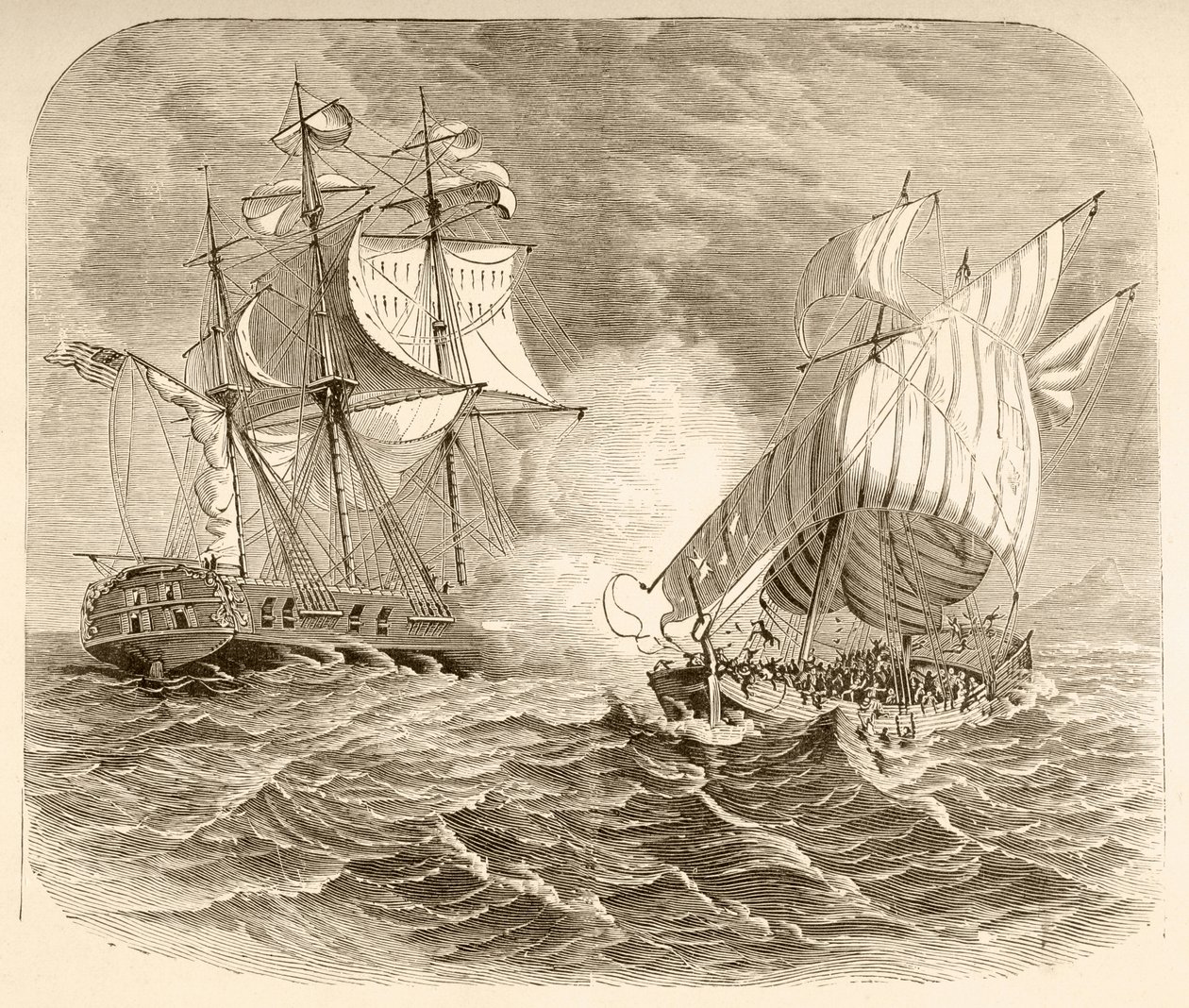 Okręt amerykańskiej marynarki wojennej chwyta algierski statek piracki u wybrzeży Barbary podczas pierwszej wojny na Barbary (litho) autorstwa English School