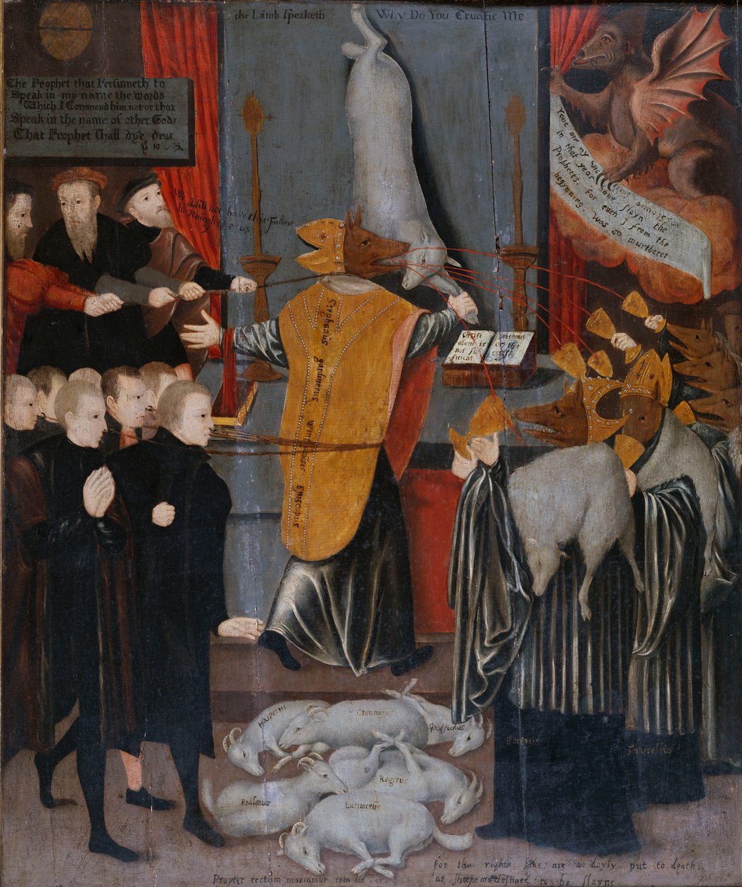 Alegoria antykatolicka z portretami Stephena Gardinera, biskupa Winchester i biskupów Bonner i Tunstall jako wilków oraz z ciałami Hoopera, Cranmera, Goodricha, Ridleya Latimera i Rogersa jako owiec, c.1555 autorstwa English School