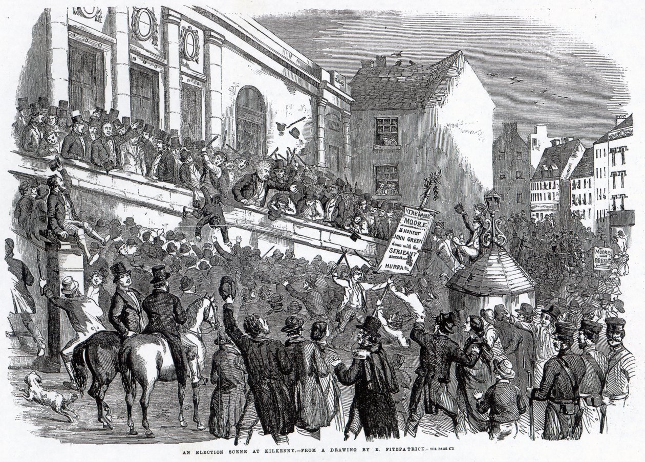 Scena wyborcza w Kilkenny, ilustracja z „The Illustrated London News”, 14 maja 1859 r. autorstwa English School