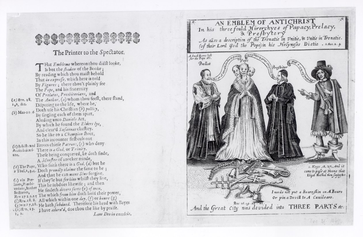 Godło Antychrysta w jego potrójnych hierarchiach papiestwa, prałatury i prezbiterium, 1649 autorstwa English School