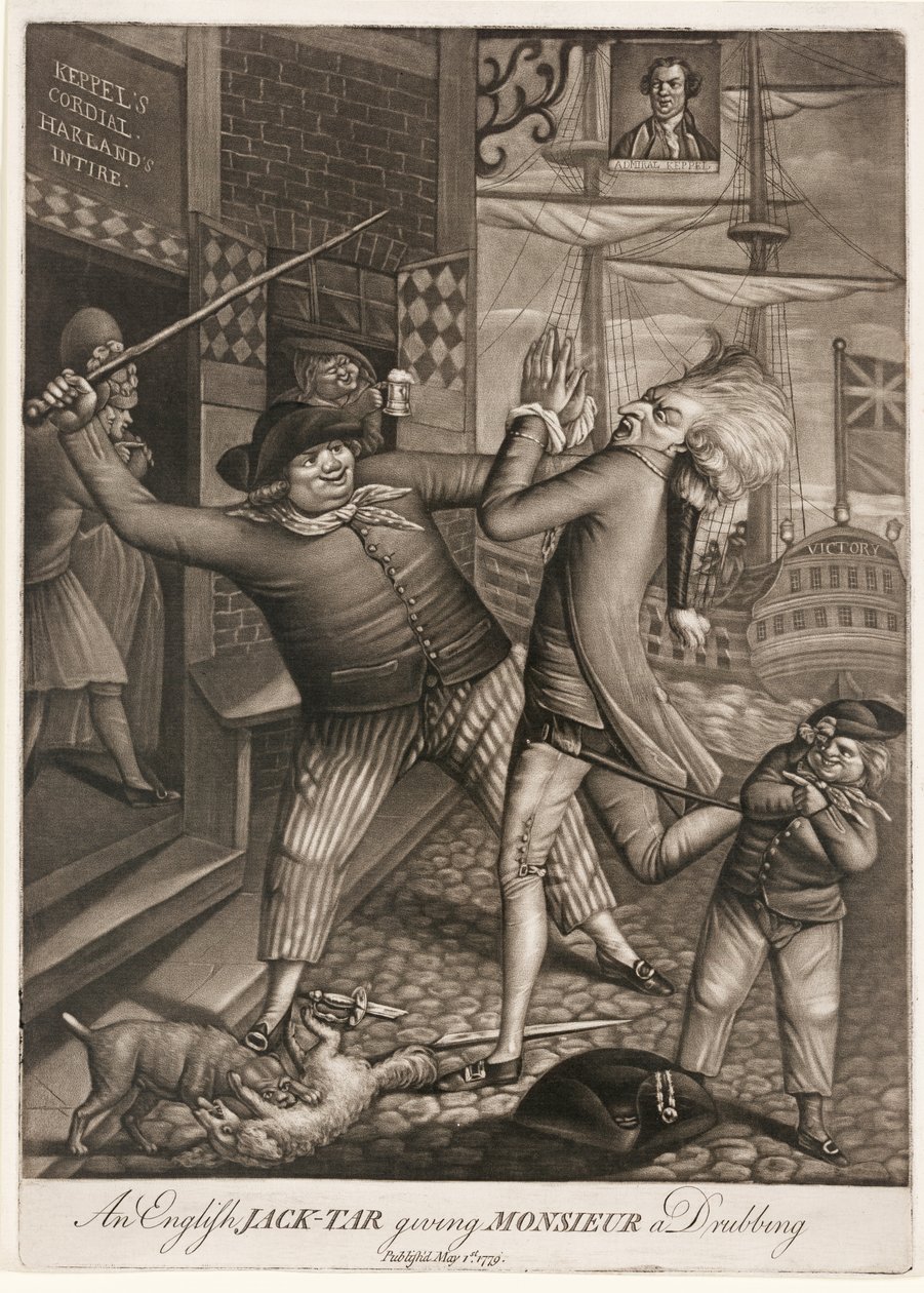 An English Jack-Tar Giving Monsieur a Drubbing, pub. 1779 (mezzotinta) autorstwa English School