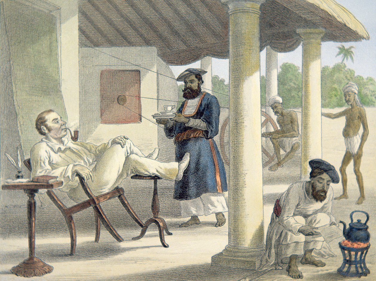 Angielski urzędnik i jego rodzimi słudzy, c.1860 (kolor lito) autorstwa English School