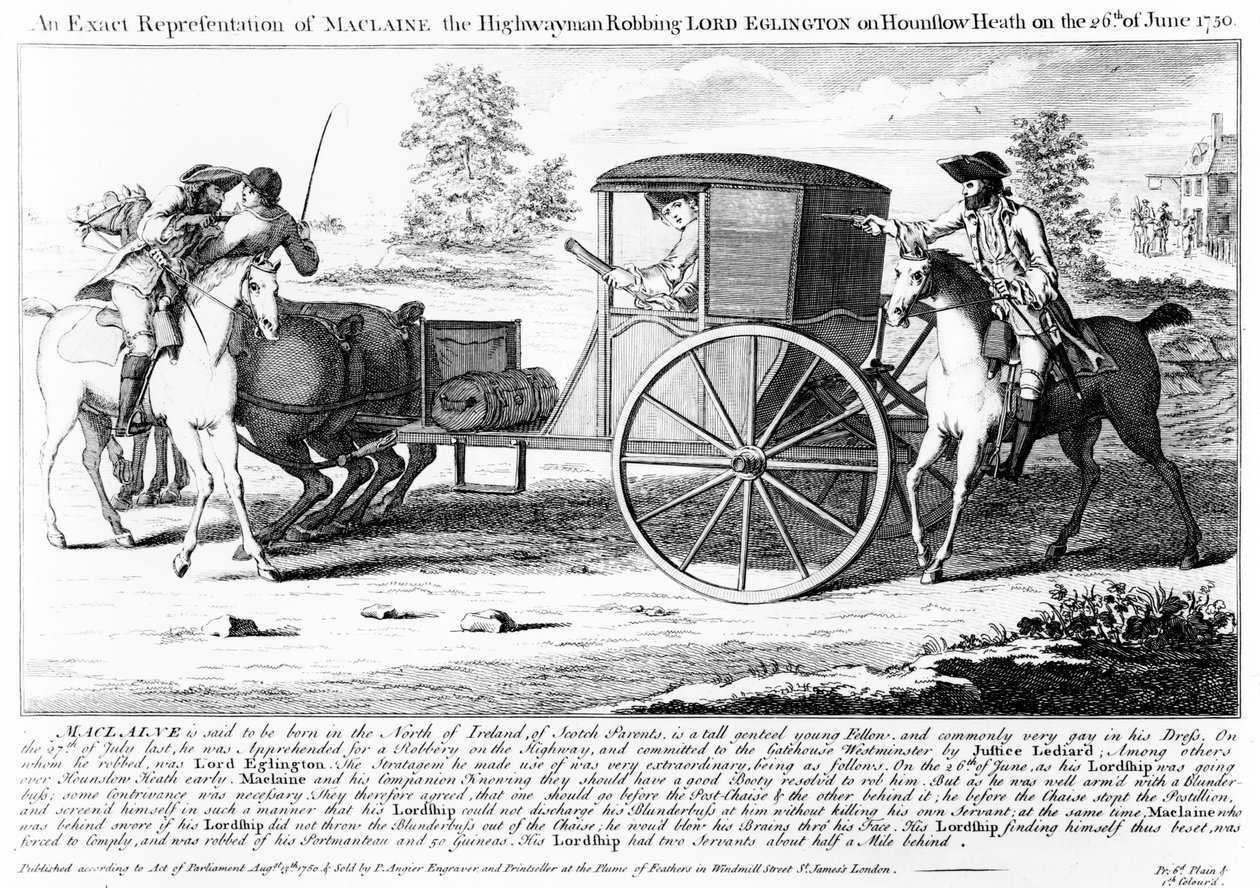 Dokładne przedstawienie Maclaine the Highwayman rabującego Lorda Eglingtona na Hounslow Heath 26 czerwca 1750, grafika wykonana przez Charlesa Mosleya, 1750 autorstwa English School