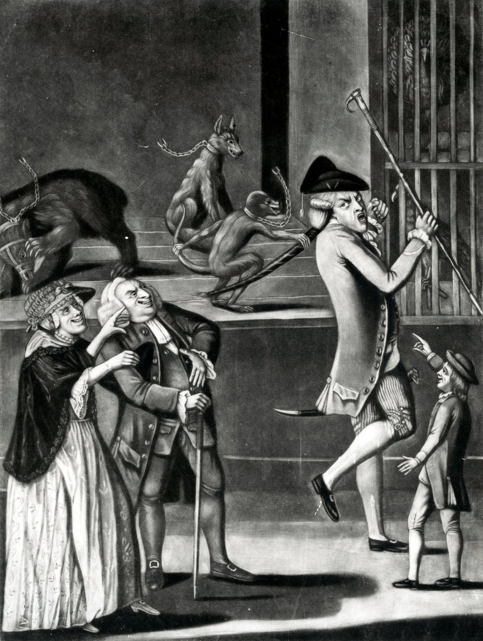 Wystawa dzikich zwierząt lub makaronów w opałach, 1774 (mezzotinta) autorstwa English School