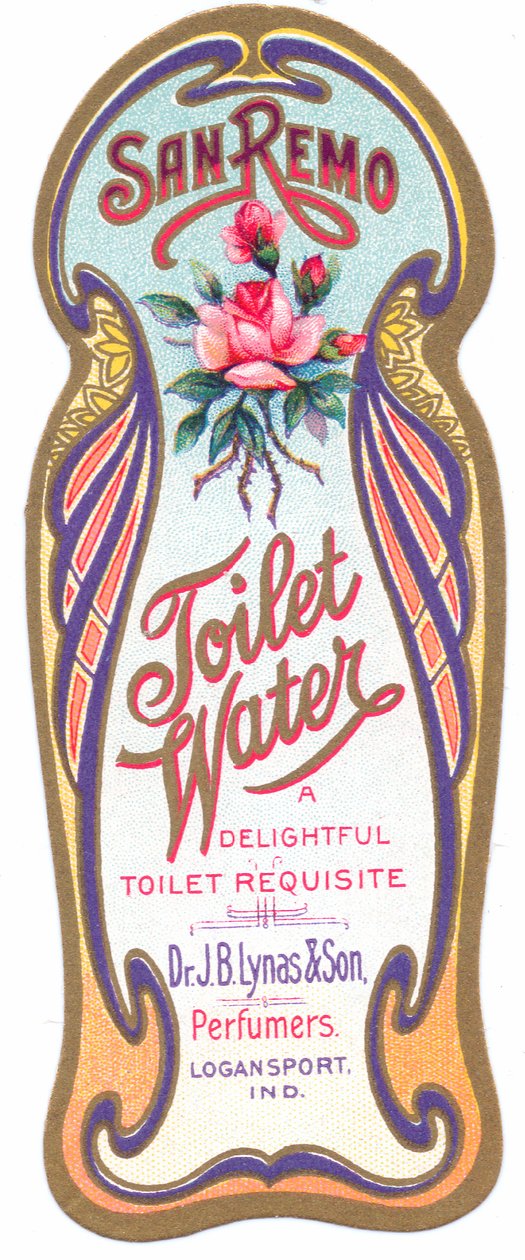 Etykieta perfum w stylu secesyjnym dla „wody toaletowej san remo”, ok. 1900 autorstwa English School