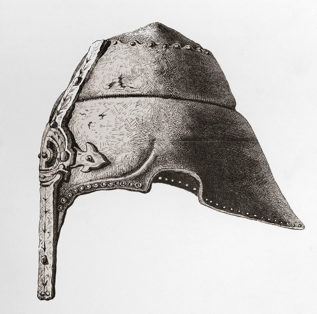 Hełm nosowy z początku XII wieku, z The British Army: Its Origins, Progress and Equipment , opublikowany w 1868 r. autorstwa English School