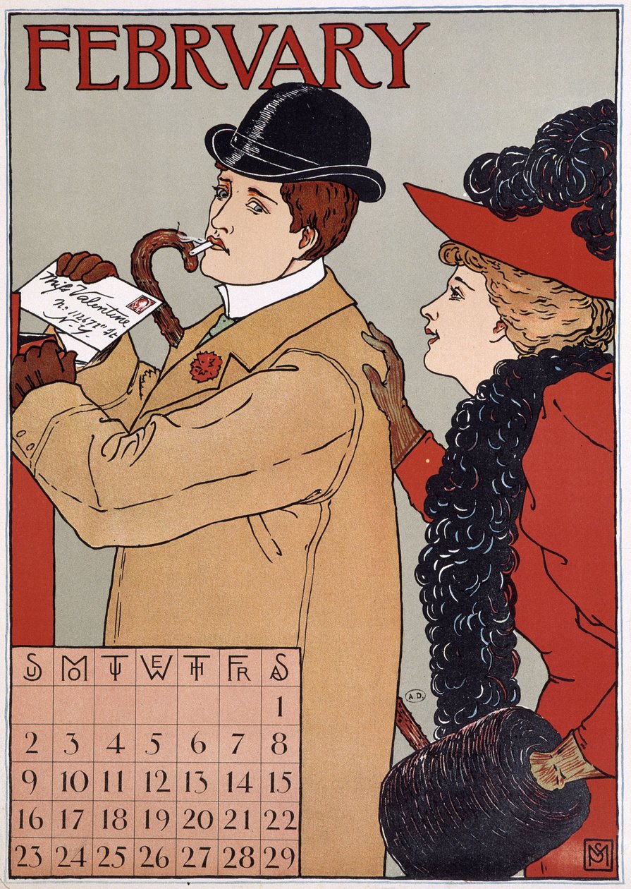 Elegancka para (mężczyzna wysyła list), obraz w angielskim kalendarzu, luty, b.d. koniec XIX wieku. autorstwa English School
